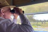 A man in a hat looks through binoculars out of the window in a bird hide.