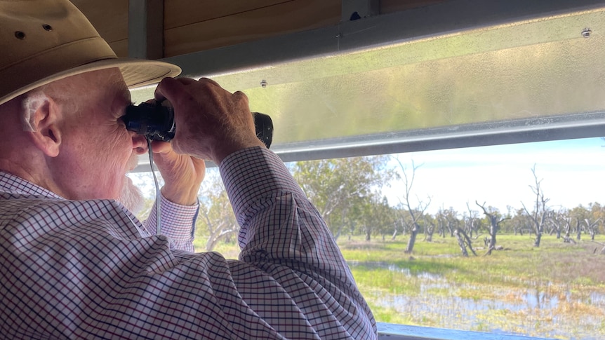 A man in a hat looks through binoculars out of the window in a bird hide.