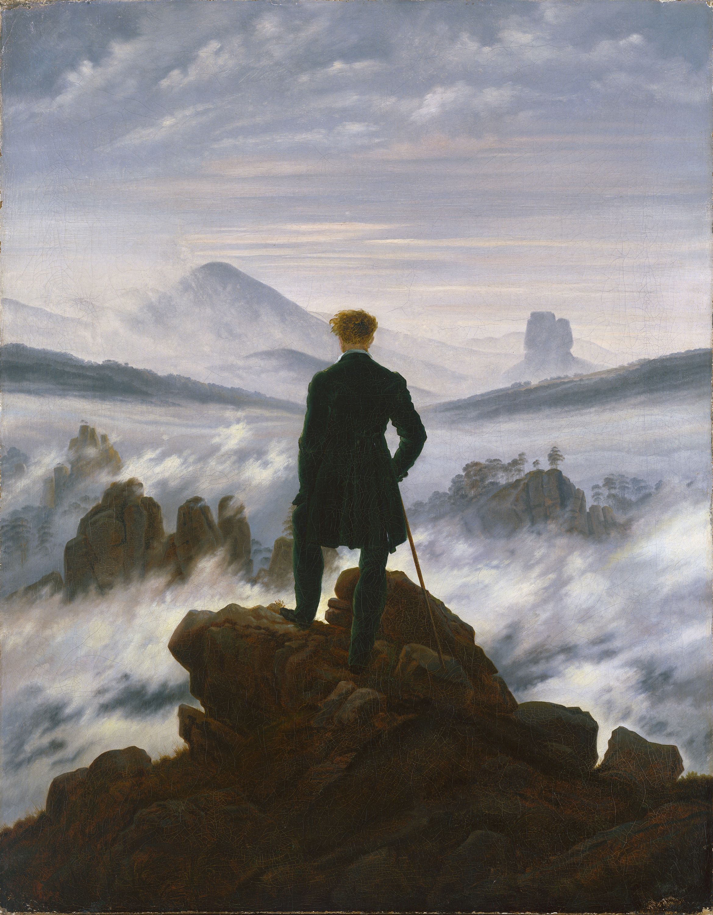 A painting of a man in 19th century dress, shown from behind standing on a rock looking out at wild surf