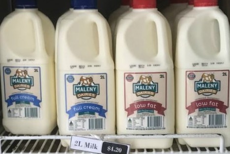 Maleny Dairies milk in a supermarket fridge.