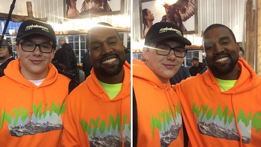 A collage of 17yo Kanye fan Connor Tacy and Kanye West at the ye Wyoming album launch, 2018