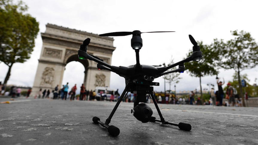 Drone on the ground during the 2016 Paris Drone Festival