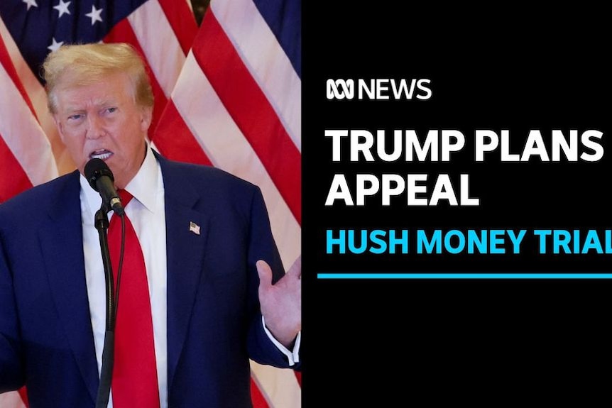 Trump Plans Appeal, Hush Money Trial: Donald Trump wears blue suit and red tie in front of American flags.