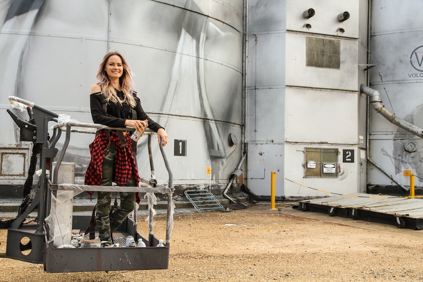 Russian artist Julia Volchkova on a cherry picker holding a spray can.