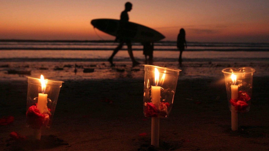 Candles on Kuta Beach in memory of the Bali bombing.