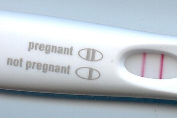 Two lines are displayed on a pregnancy test indicating the user is pregnant
