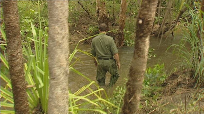 A policeman searches for a missing 11-year-old girl feared taken by a crocodile near Darwin.