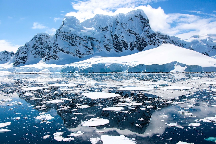 Snow-capped mountains touch the Southern Ocean.