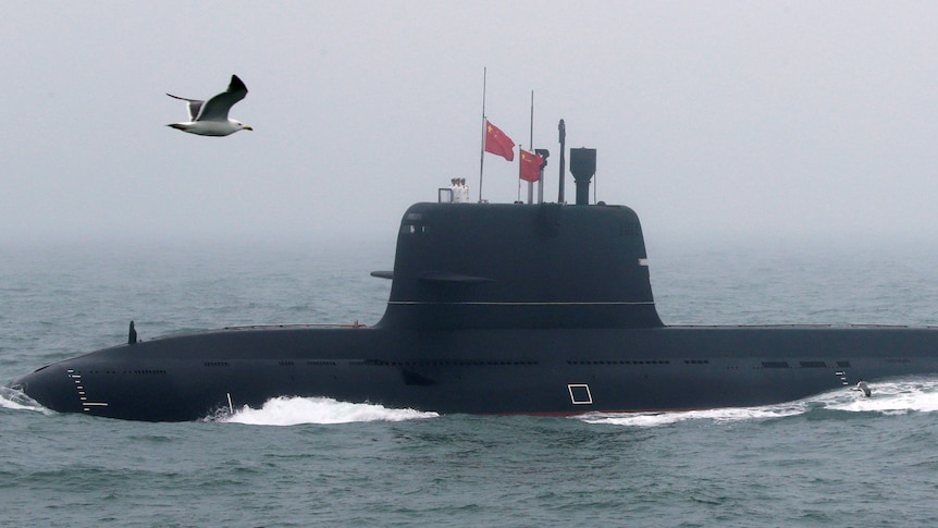 A the upper section of a submarine flying Chinese flags is visible above the sea, a seagul also flies in frame