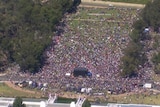 An aerial image of protesters outside Parliament House