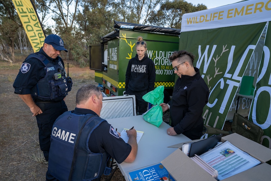 Two officers wearing vests that say 'Game' receiving a bag from two people wearing black in front of Wildlife Victoria vans