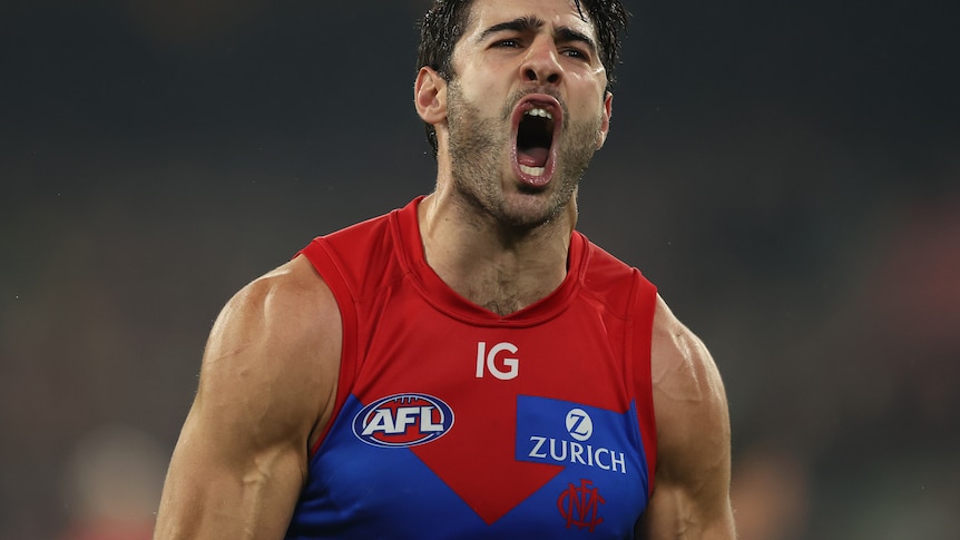 AFL player Christian Petracca puffs his chest and screams in celebration as rain falls during a match