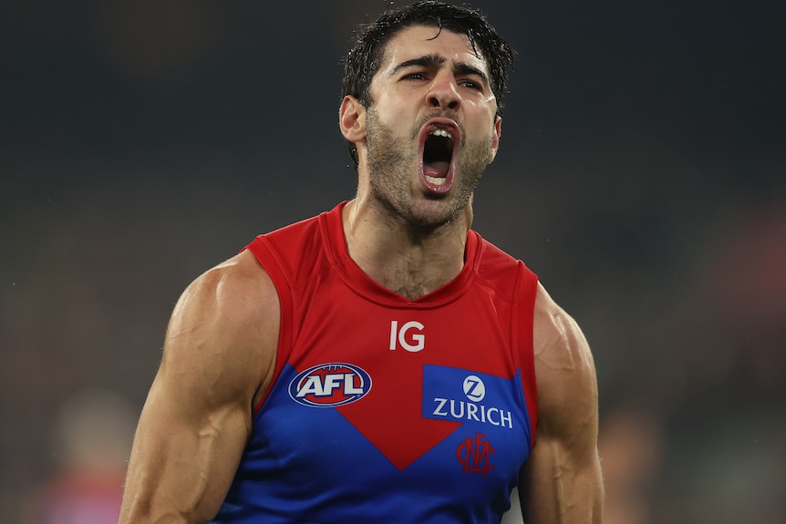AFL player Christian Petracca puffs his chest and screams in celebration as rain falls during a match