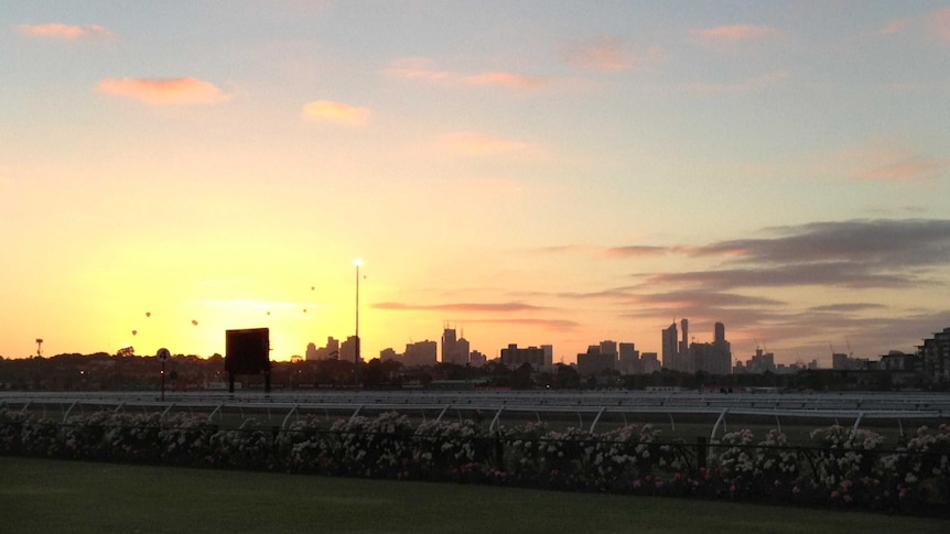 Sunrise at Flemington racecourse on Melbourne Cup day.