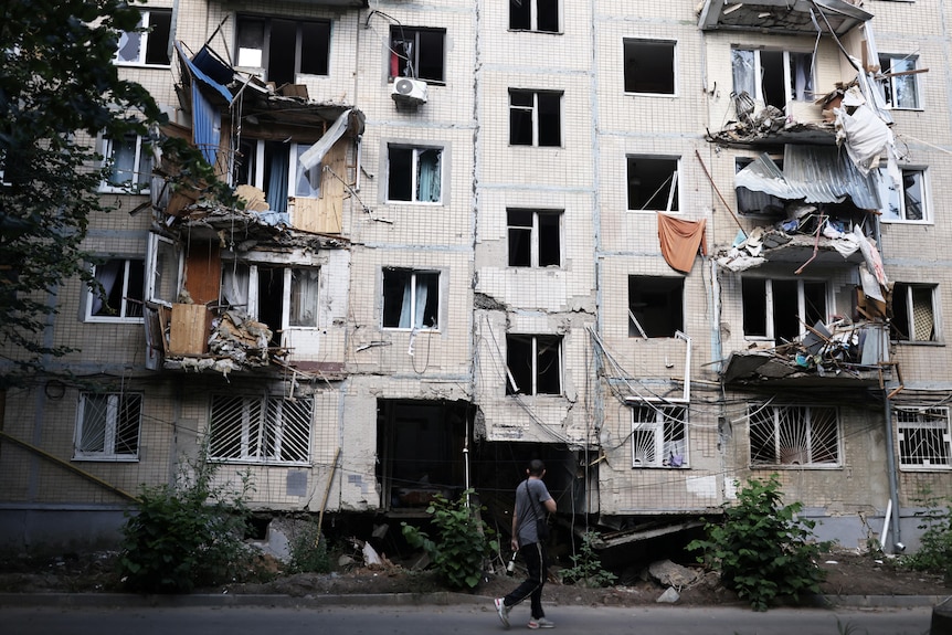 Damaged apartment buildings in Kharkiv