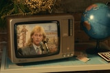 1980s TV with wattle bush on top sitting on a desk with globe 