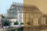 A half black and white, half colourised photograph of Elder Hall being built in Adelaide in 1899.
