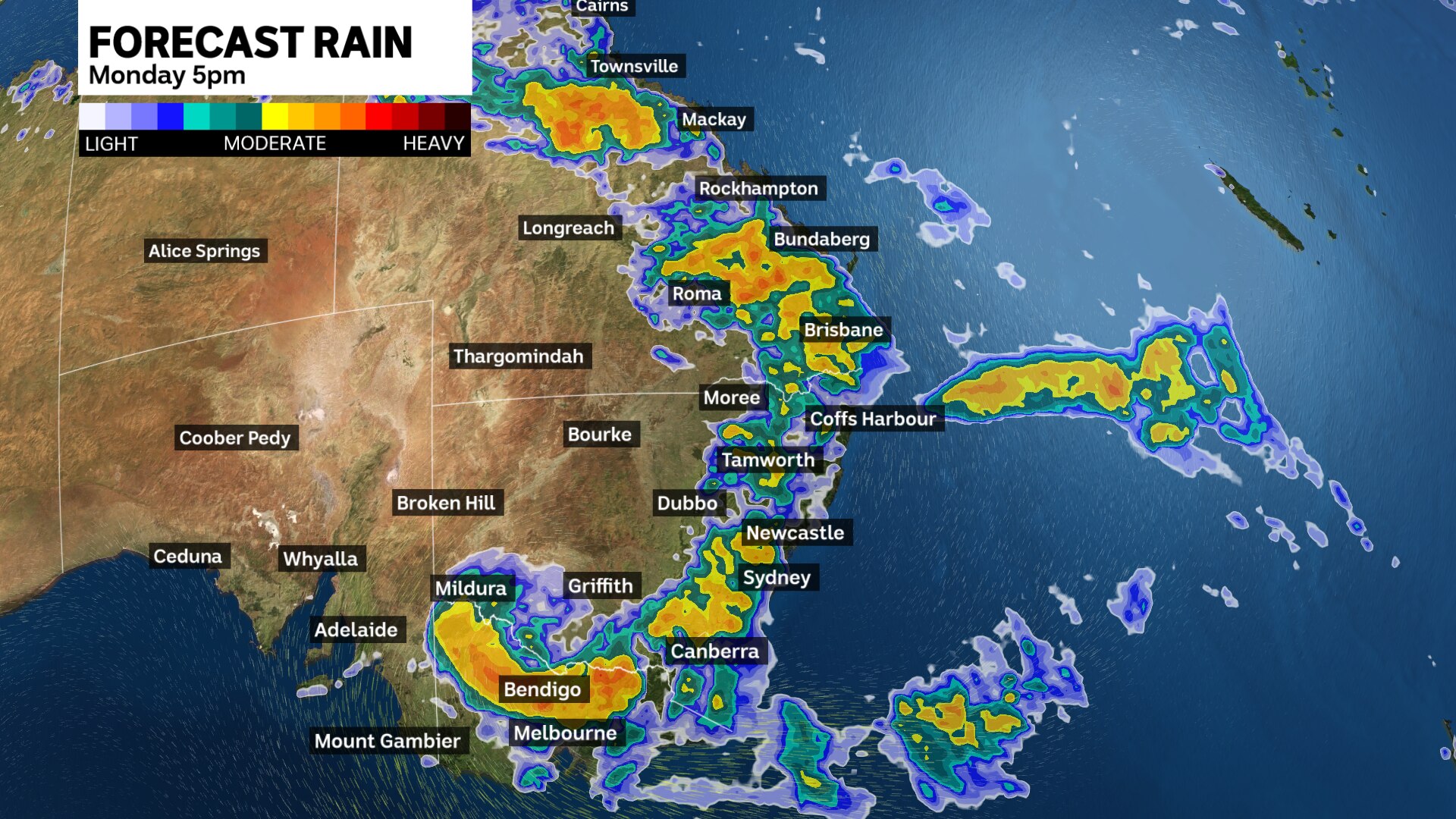 a weather map of forecast rain along eatern australian states for monday 25 december