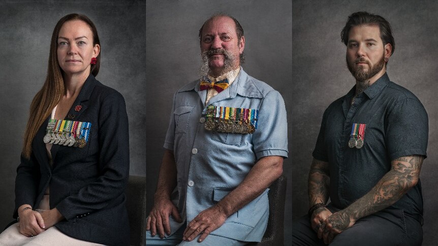 Three veterans wearing service medals