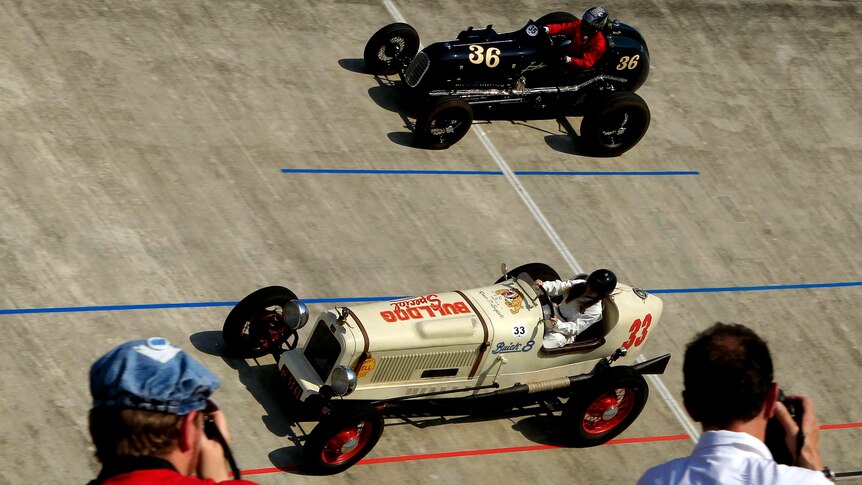 A 1937 Miller Sprintcar, top, and Buick 'Bulldog' race in Switzerland.