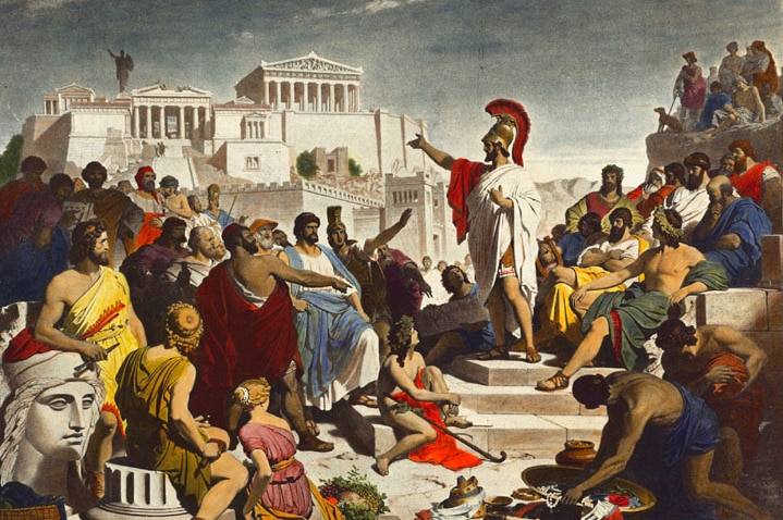 A romantic imagining of the Assembly, Pericles stands in the middle wearing a Greek soldier's helmet and a red robe.