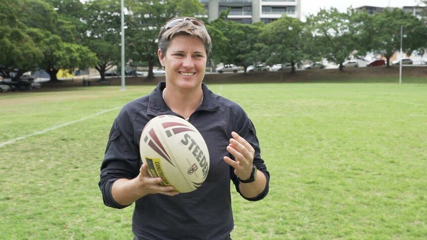 Brisbane Broncos prop Heather Ballinger with a ball at Crosby Park Albion.