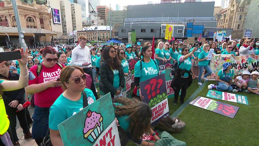 A protest of early childhood education at Melbourne's Federation Square.