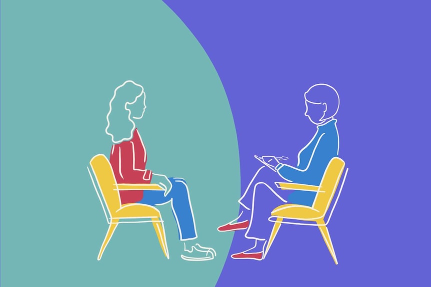 An illustration of a girl sitting opposite a psychologist