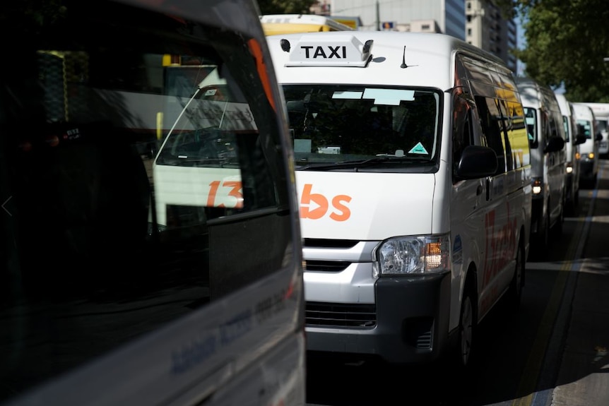 A line up of taxis parked on the side of a road