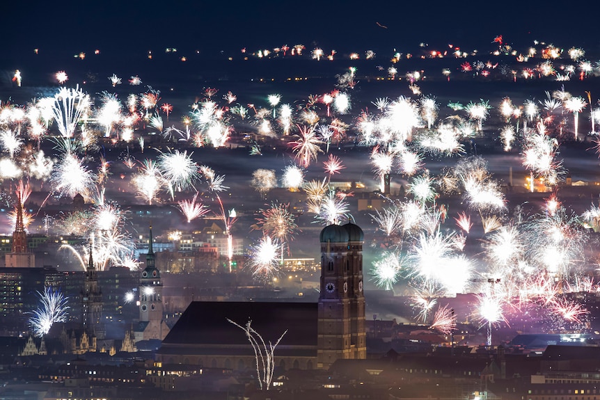 New Year's fireworks are launched across Munich.