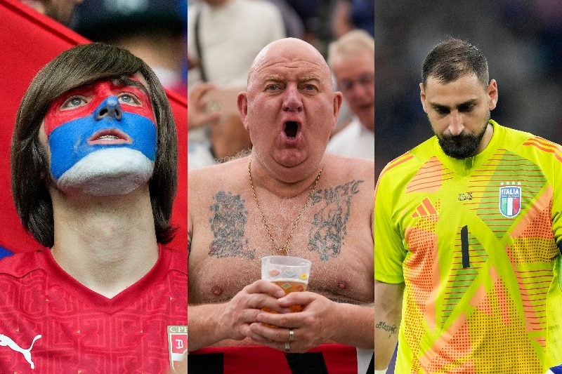 A Serbian fan with his face painted, a shirtless England fan cheering and Italy goalkeeper Gianluigi Donnarumma.
