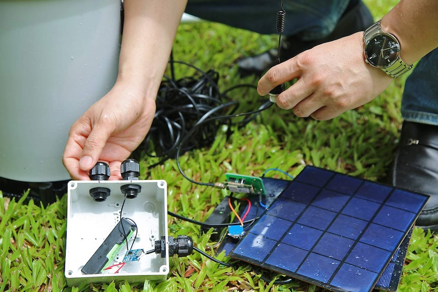 Internal shot of an Internet-of-Things-enabled rain gauge which shows circuit boards and solar panels