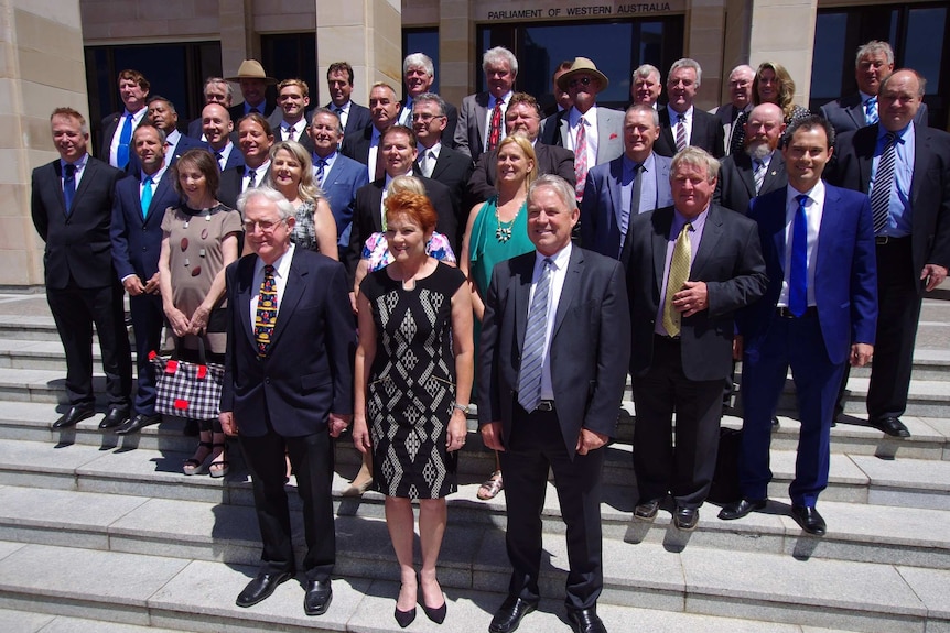 One Nation candidates launch outside WA state Parliament.