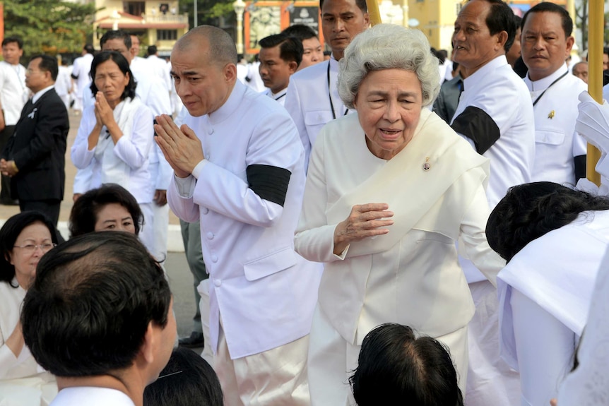 Queen Monique, widow of former king Norodom Sihanouk, and her son king Norodom Sihamoni