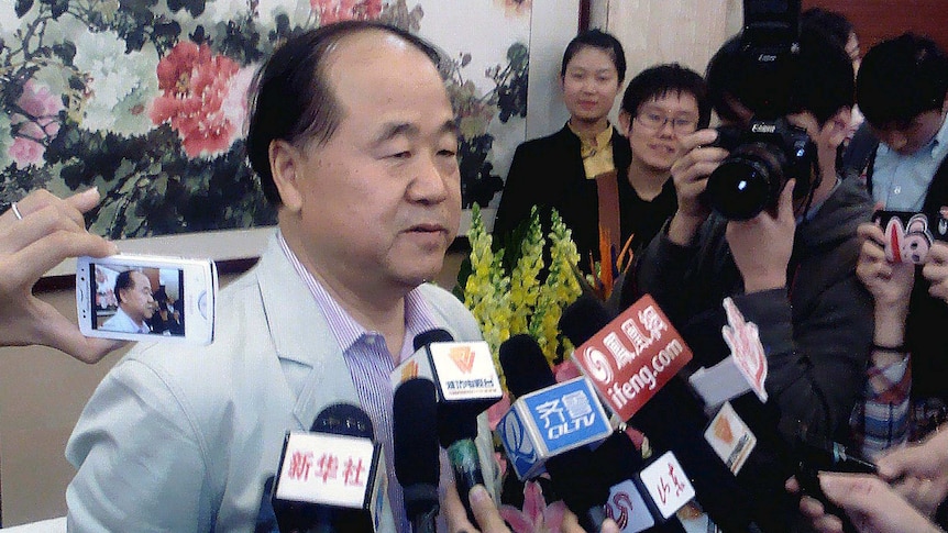 Chinese writer Mo Yan talks to the media in his hometown Gaomi, Shandong province. He won the 2012 Nobel prize for literature.