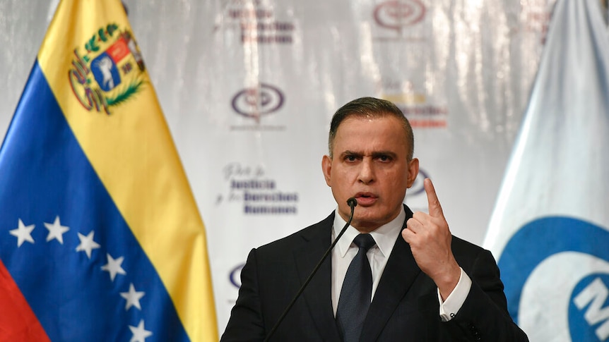 Venezuela's Attorney General Tarek William Saab speaking at a press conference.