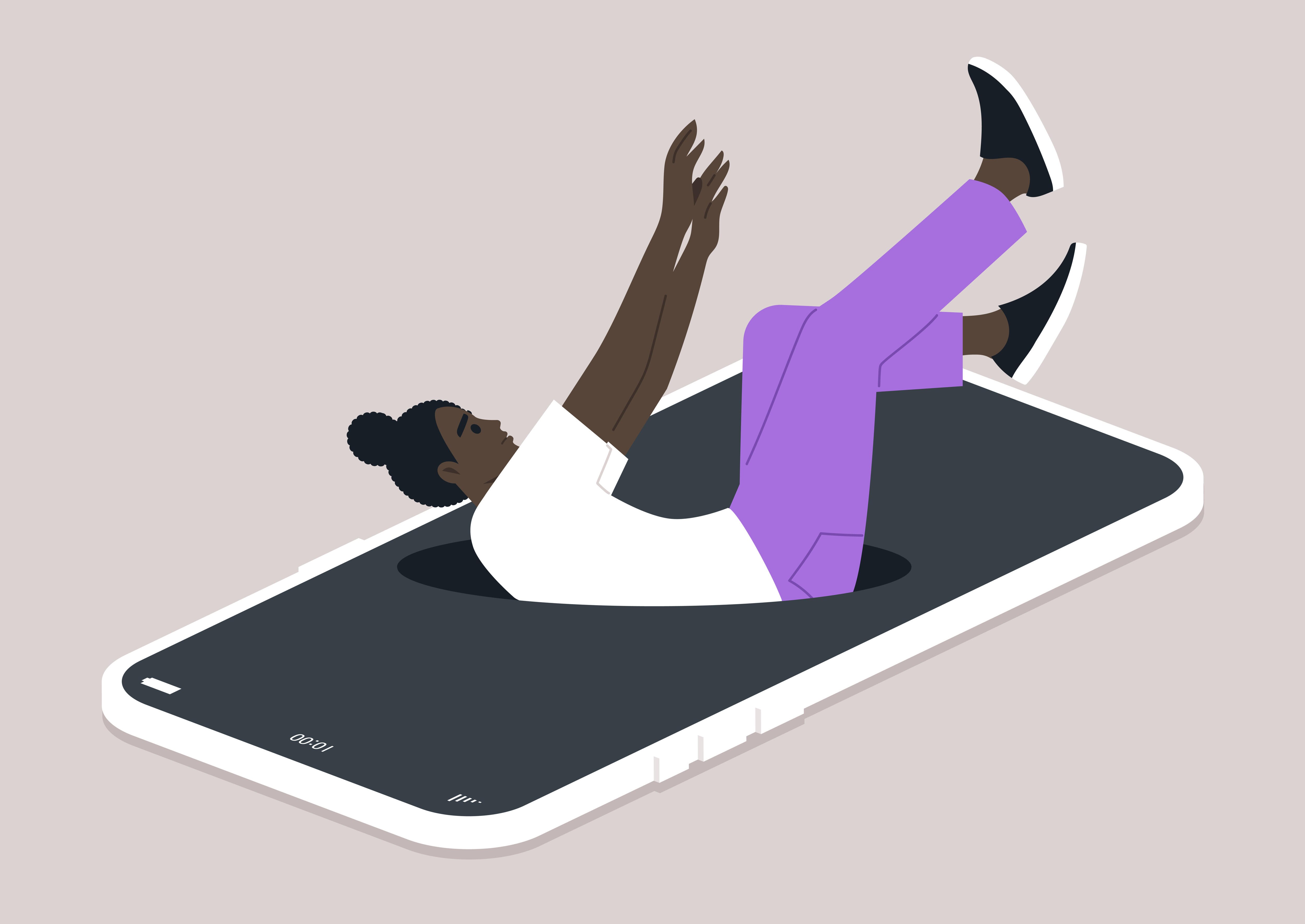 Artwork of someone falling into a giant smart phone.