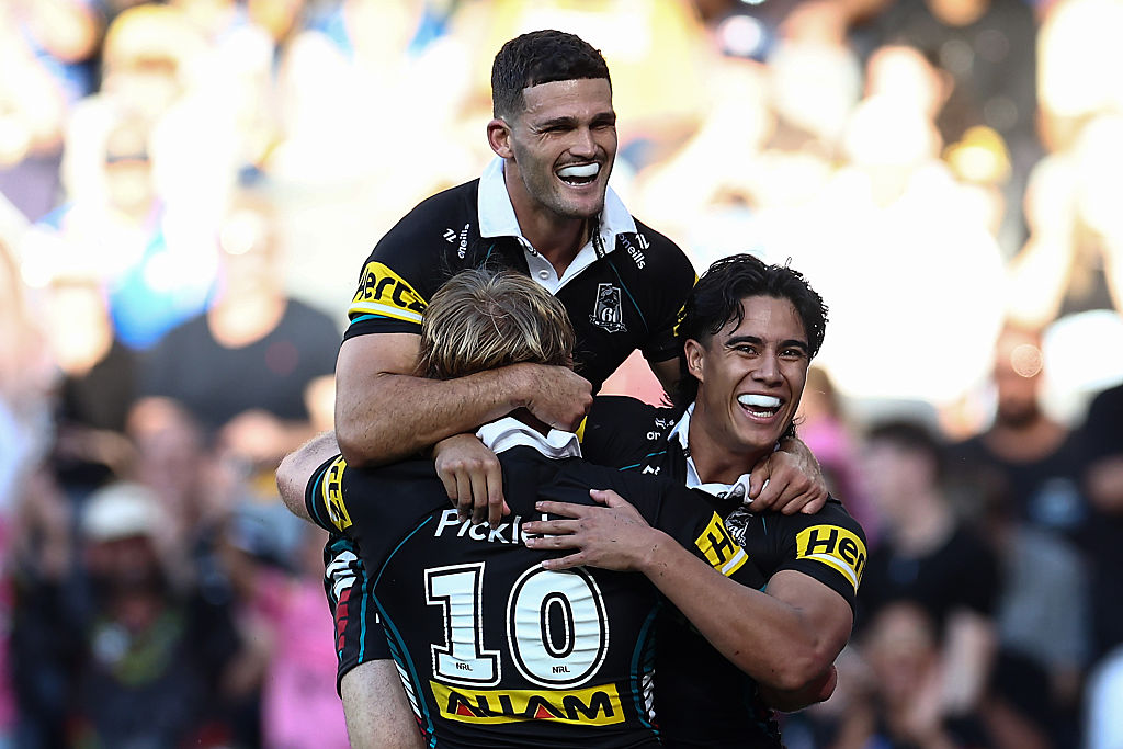 Nathan Cleary celebrates a try