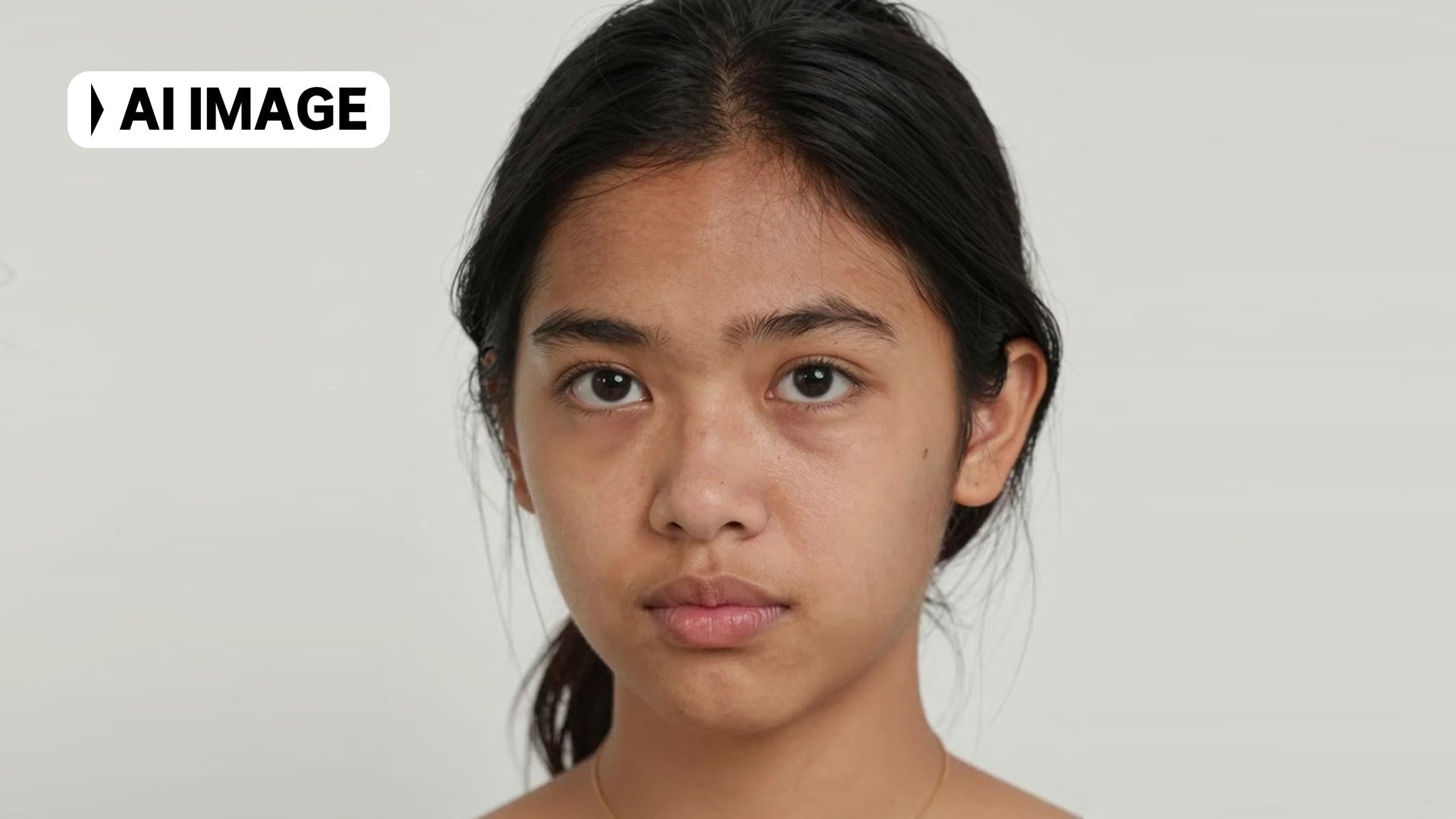 An AI generated profile image of a very lifelike looking young person with tanned skin and dark hair on a black background.