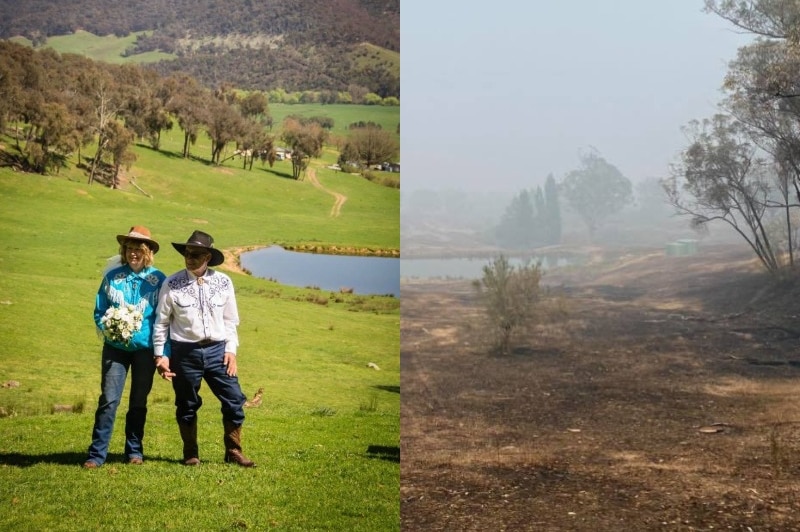 A composite image of a couple standing on green farmland, with a photo of the same spot after the fires.