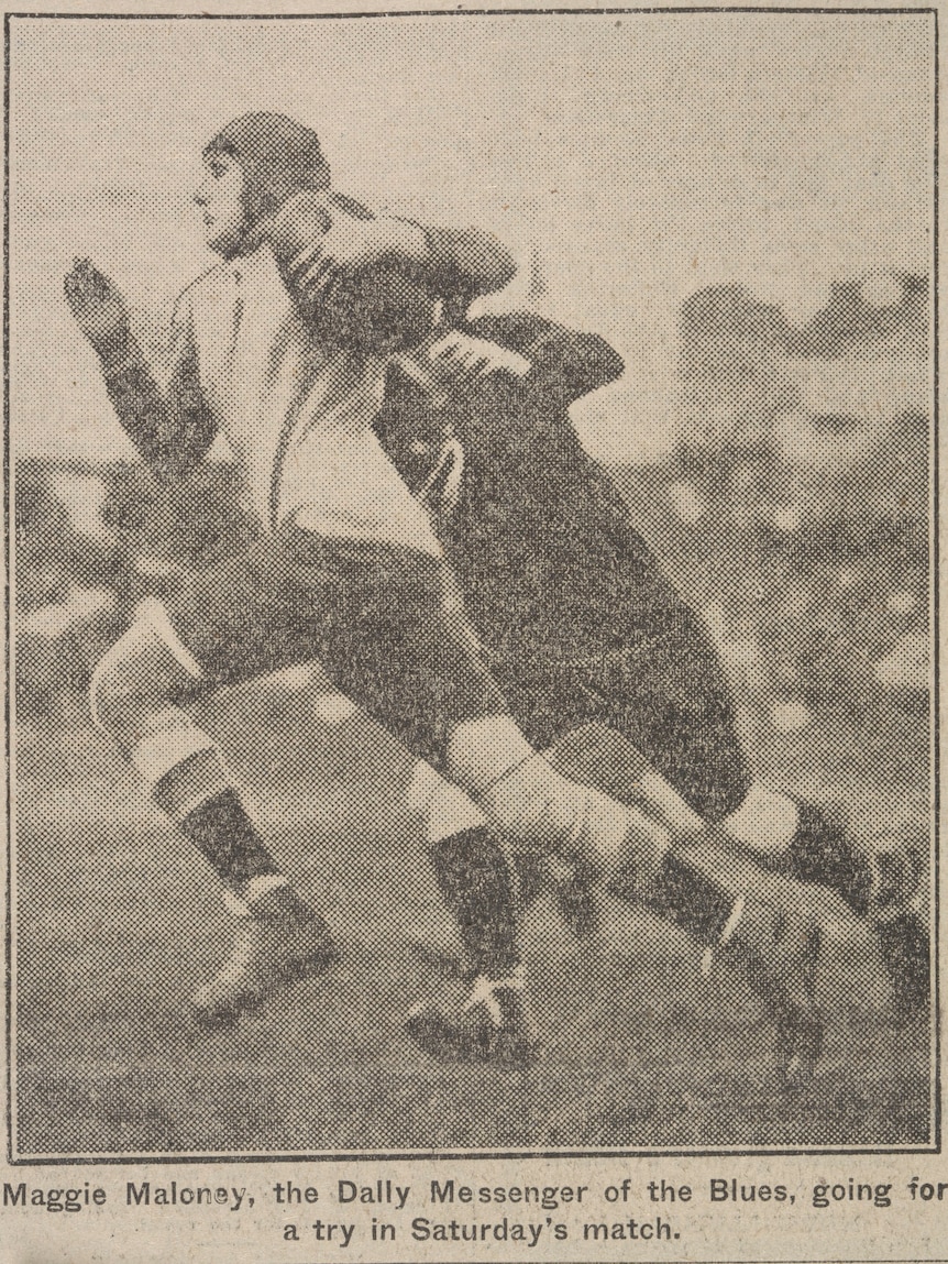 An old newspaper clipping showing women playing rugby league