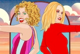 Cartoon image of Kylie Minogue standing back to back with herself in Did It Again and Padam Padam eras.