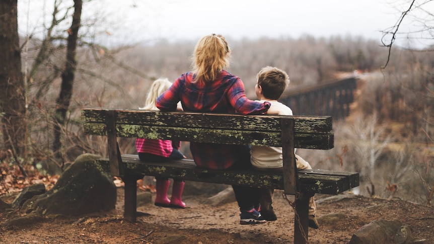 The back of a woman and two small children, sitting on a bench in a tree filled park