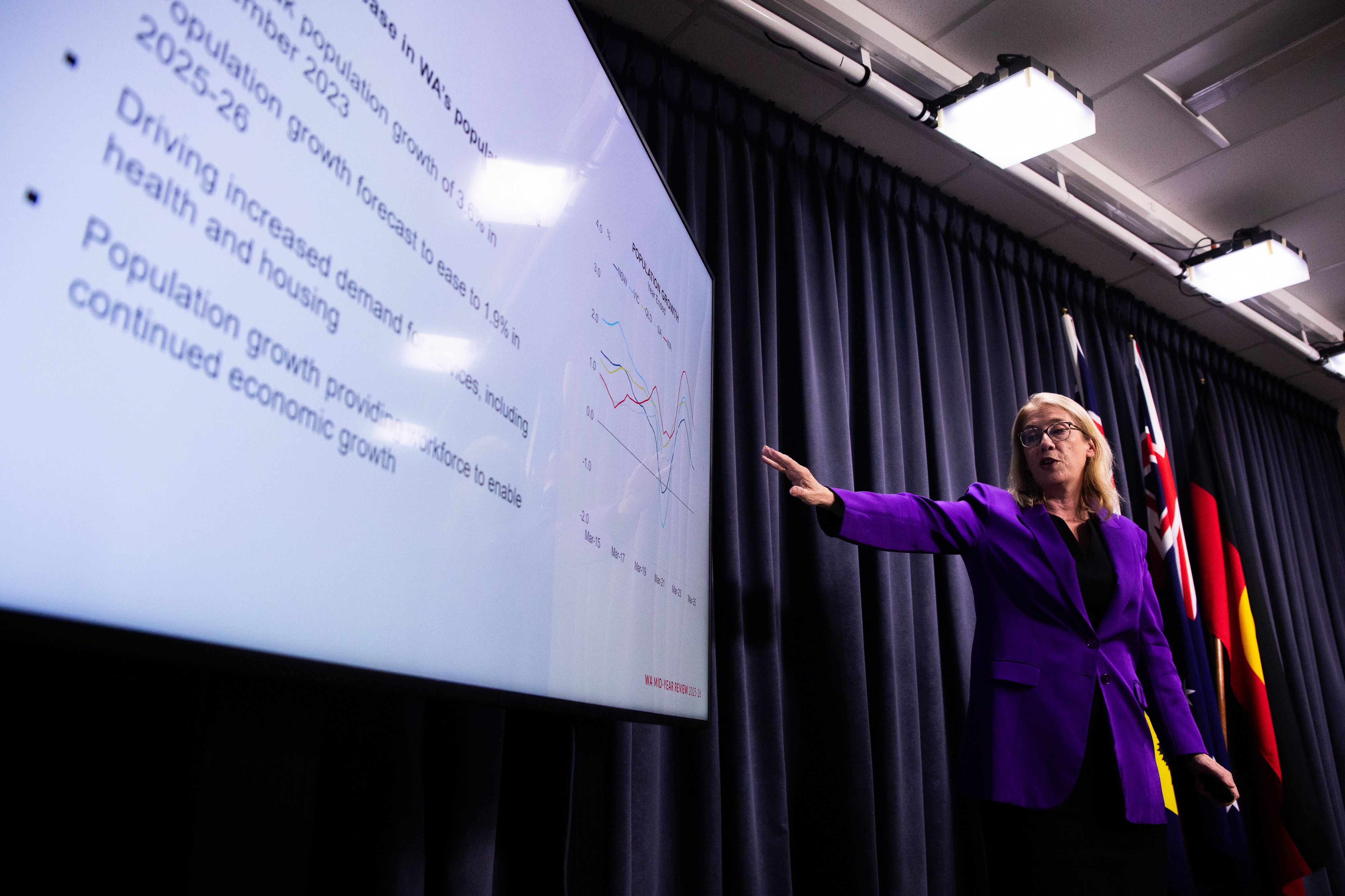 Rita Saffioti gesturing to a chart on a TV.