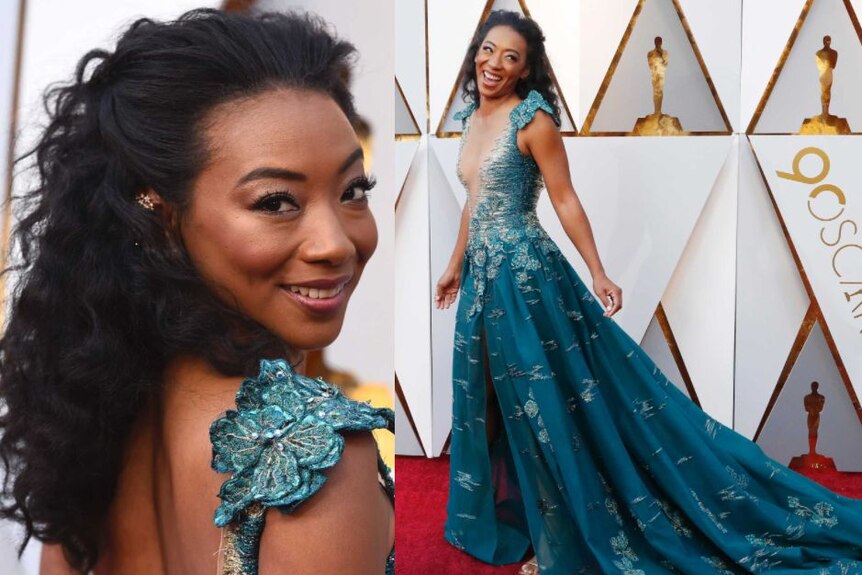 Get Out actress Betty Gabriel in an embroidered satin gown on the red carpet.