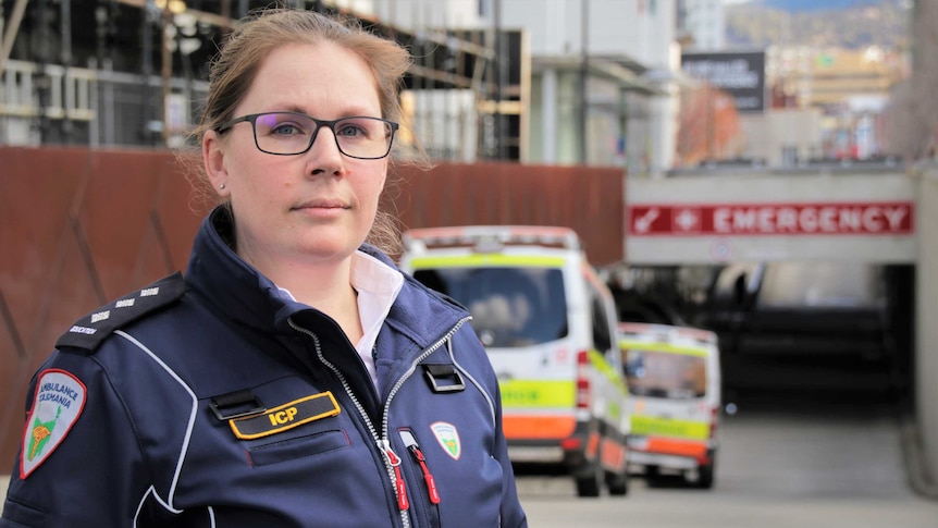 Paramedic Lauren Hepher stands outside the Royal Hobart Hospital Emergency Department