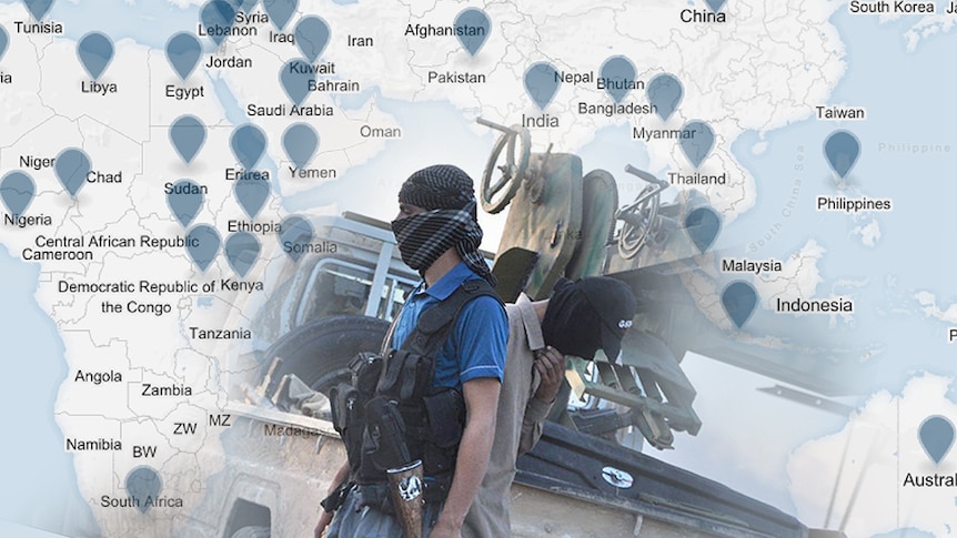 Two IS fighters in Iraq superimposed over a map showing where IS has made an impact.