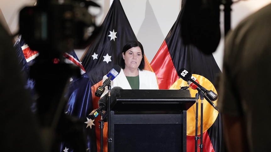 A woman with dark hair speaks behind a lecturn with microphones and flags.