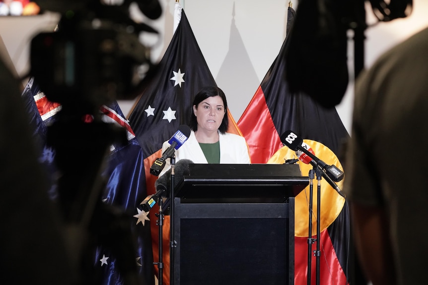 A woman with dark hair speaks behind a lecturn with microphones and flags.
