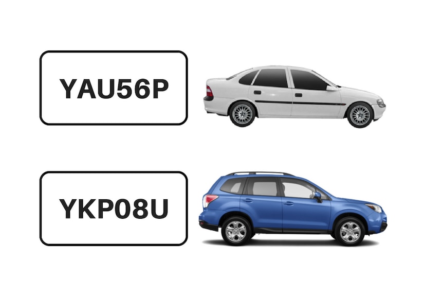 A graphic of a white sedan and a blue SUV with licence plates behind them.